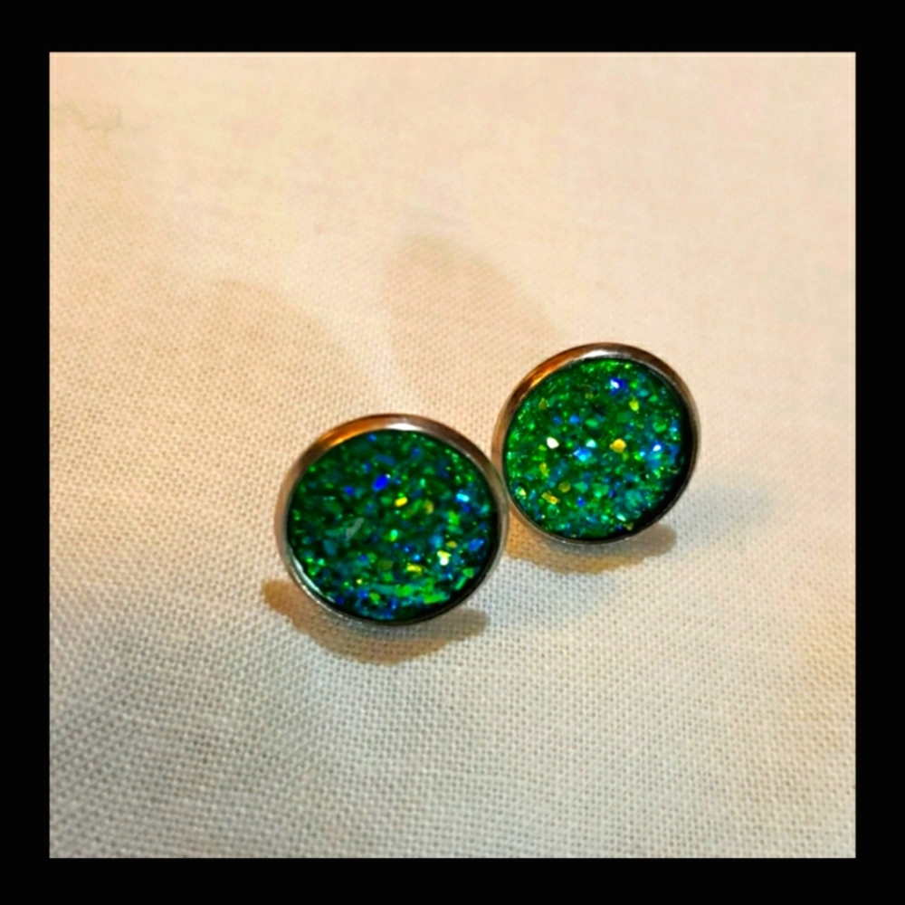 Druze Green Cabochon Stud Earrings